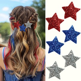 6Pcs 4th of July Hair Clips for Thick Hair and Thin Hair Glitter Star Flat Hair Clips Patriotic Red White Blue Snap Hair Barrettes Independence Day Hair Accessories Stars for Women Hair Decoration