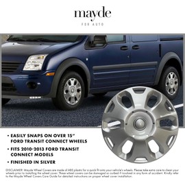 Mayde 15-Inch Hubcaps Fits 2010-2013 Ford Transit Connect, Replacement Wheel Covers (Set of 4, Silver)
