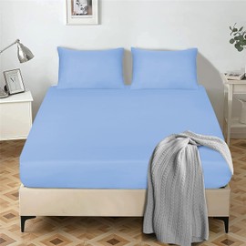 My home store Fitted Sheet 25 cm Deep Brushed Microfiber Ultra Soft No-Iron Wrinkle-Resistant Plain Dyed Fitted Bed Sheets Hypoallergenic Breathable Sheets (Light Blue, Double)