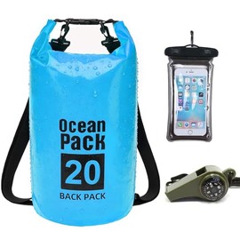 Bolsa Seca Impermeable 5L 10L 20L 30L, Mochila a Prueba de Agua para Senderismo, Natación, Kayak y Deportes Acuáticos, Dry Bag con Funda para Teléfono y Correa Ajustable para el Hombro (Azul, 20L)