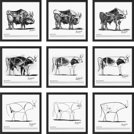 SIGNWIN Framed Wall Art Collage Print Gallery Set Pablo Picasso Geometric Bull Drawings Nature Animals Illustrations Fine Art Rustic Black White for Living Room, Bedroom, Office - 12"x12"x9 Black