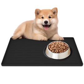 Silicone Pet Feeding Mat for Food and Water, 16"x10" Waterproof Dog Food Mat, Placemats for Cats and Dogs, Dog Bowl Mat with Edges to Prevent Spills, Black
