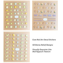 Cute Nail Decal Stickers Self Adhesive 5D Stereo Embossed Sunflower Star Moon Flower Relief Nail Art Stickers for Nail Designs and Nail Decorations for Women Girl Kids Nail Decor(3 Sheets)