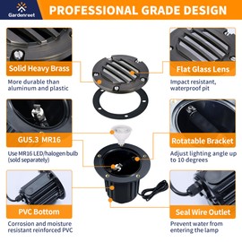 Gardenreet Landscape Well Lights Brass, LED Low Voltage Outdoor In Ground Lights, 12V Waterproof Garden Lights Wired Grated Top for Outside Driveway Walkway Path Without MR16 Bulb
