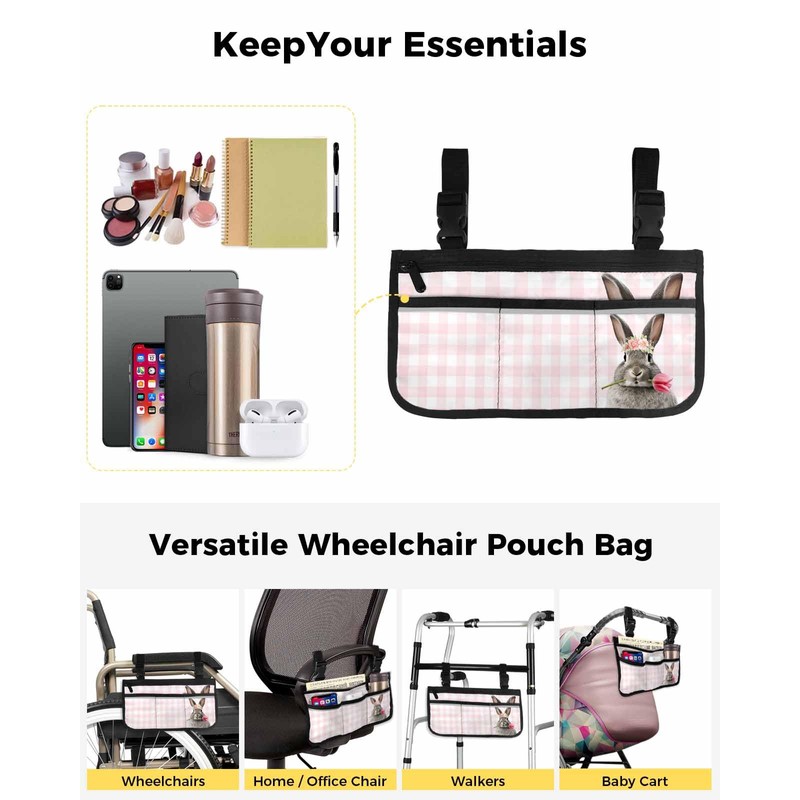 Wheelchair Side Storage Bag Easter Bunny Rabbits with Pink Tulips