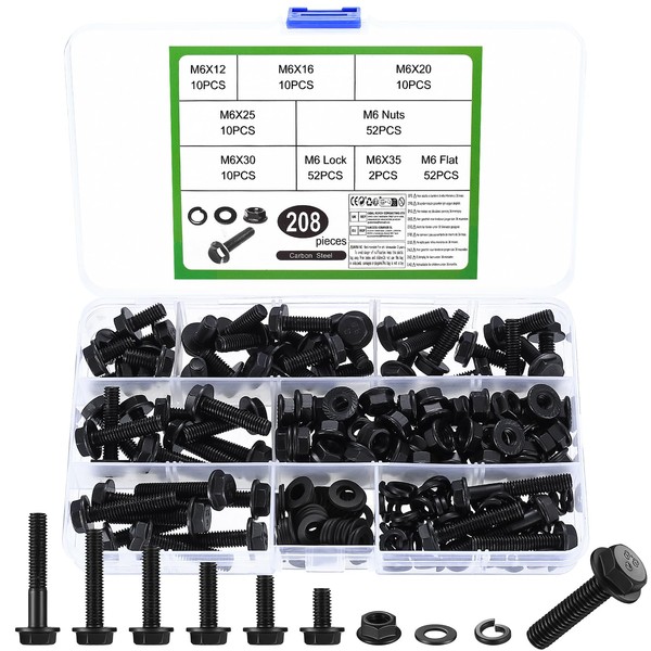 208 Piece M6 Screw Set, Flange Screws Nuts Set, Hex