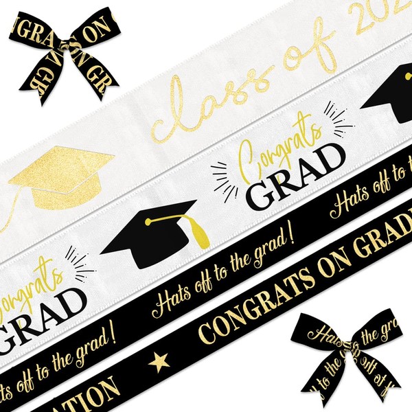 LANGFON 4 Pieces Graduation Ribbons 5 Yards, Congrat Words 2022 Ribbons Gold White Black Congratulations Ribbon for Graduation Day Gift Wrapping Party Decoration Crafts Supplies