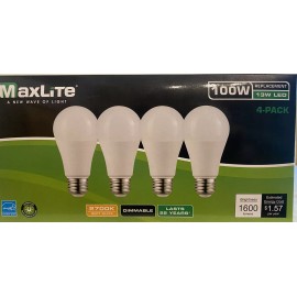 MaxLite E15A19D50/4P A19 100W Soft white 2700K Dimmable LED Bulbs - 4 Pack (B)