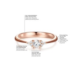 Trilani Women's Engagement Ring Sterling Silver Rose Gold-Plated with White Zirconia in Brilliant Cut - Solitaire Ring with Stone Wedding Ring for Wedding, 62, Silver, Cubic Zirconia