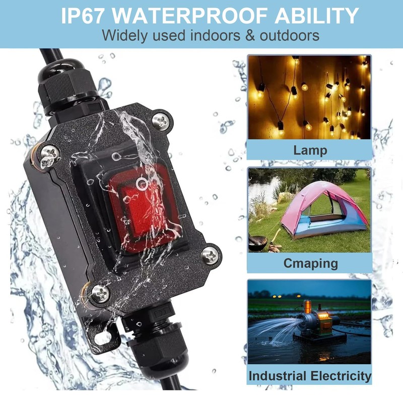 IP67 Waterproof Inline Switch with Red Light Rocker Button, On