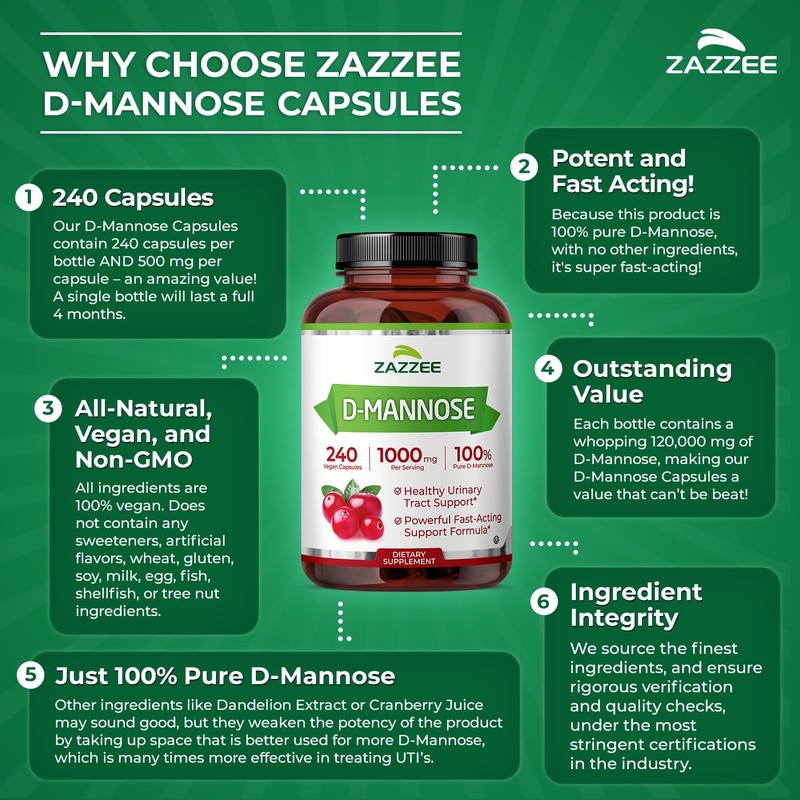 Zazzee D-Mannose, 1000 mg per Serving, 240 Vegan Capsules, 4