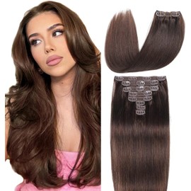 Clip in Hair Extensions Real Human Hair Straight Real Remy Human Hair 8pcs 100g Double Weft Remy Real Human Hair Clip in Extensions (#4 Medium Brown, 18 Inch)