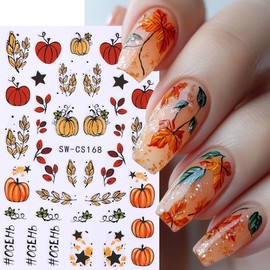 8 Sheets Fall Nail Stickers for Nail Art Thanksgiving Day Pumpkin Flower Maple Leaf Nail Decals 3D Self-Adhesive Autumn Nails Art Sticker Holiday Acrylic Salon Manicure Decoration Accessories