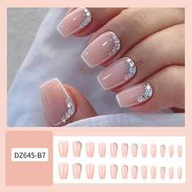 Coffin Press on Nails Medium Length Fake Nails Nude Glue on Nails Rhinestone Stick on Nails French Tip False Nails Full Cover Acrylic Nails Glossy Shiny Artificial Nails for Women Girls 24Pcs