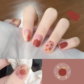 24pcs Short Press on Nails, Nude Blue Pink Cute Designed 3D Ornaments Reusable Glue on Nails Round Square Almond Shape False Nail CINSEVAN'L (Red Fruit)