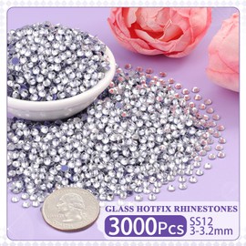 3000Pcs Hotfix Rhinestones for Clothing, Clear SS12 Iron On Flatback Glass Gems, Bedazzler Crystals Rhinestones for Crafting Clothes Hats Shoes Fabric Bedazzling Decor Nail Art