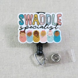 SCRAPHEART Swaddle Specialist Badge Reel, Cute Nurse Badge Reel, Labor and Delivery Nurse Badge ID Holder, Maternity Ward Badge Clip, NICU Nurse Gifts, Midwife Badge Reel, Maternity Ward Gifts
