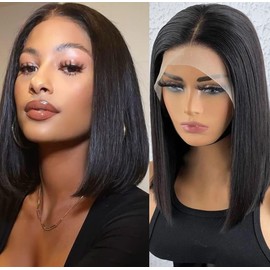 Perselene Bob Wigs Human Hair 13x4 HD Frontal Straight Bob Wigs for Women 180% Density Short Bob Glueless Wig Pre Plucked with Baby Hair Natural Black Color 12 Inch