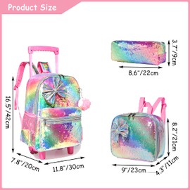 Oruiji Sequin Rolling Backpack for Girls Backpack with Wheels Wheeled Backpack and Lunch Bag Set for Elementary Girls