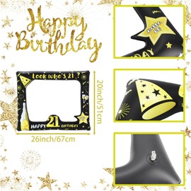 21st Black Gold Photo Booth Inflatable Selfie Frame,21st Birthday Party Photo Booth Props Giant Funny Black Gold Blow Up Picture Frame for 21st Men Women Birthday Gifts Party Favor Decoration Supplies