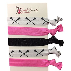 Lacrosse Hair Accessories for Girls (Pink) No Crease Girls Hair Ties or Hair Elastics, Hair Accessories with Lacrosse Stick Design, Hair Tie for Lacrosse Players (6 pcs) - by SPORTYBELLA