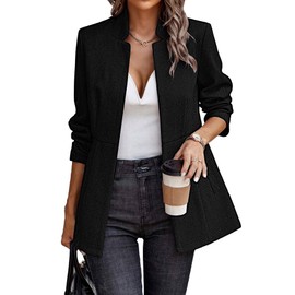 ELLEVEN Blazers for Women Business Casual Open Front Suit Jacket Herringbone Long Sleeve Stand Collar Work Blazer for Office with Full Lining and Padded Shoulders Dark Black XX-Large