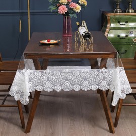 Clear Plastic Rectangle Tablecloth Vinyl Waterproof Table Cloth Embroidered Lace Edge Transparent Table Cover for Dining Kitchen Outdoor Table(60 x 118 inch, White)