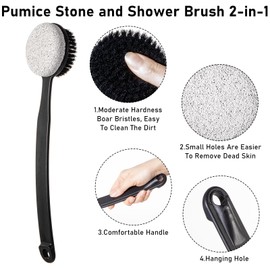 Beomeen Pumice Stone for Feet and Shower Brush with Long Handle 13.7",Hard Skin Callus Remover, 2 in 1 Foot Scrubber Brush, Back Scrubber Body Brush for Shower Deep Cleansing and Exfoliating (Curved)