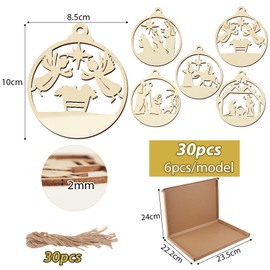 Pack of 30 Christmas Wooden Pendants, Wooden Discs Christmas Baubles for Crafts, Children, Wooden Christmas Decoration, DIY Painting Discs, Christmas Pendants, Christmas Decoration, Craft Set, Pendant