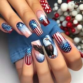 4th of July Press on Nails Short Square Fake Nails 24Pcs Glossy USA Flag Stripe Star False Nails American Eagle Design Stick on Fingernails Independence Day Gel Glue on Nail for Women