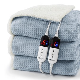 blunique Heated Blanket Electric Blanket Queen Waffle, 84x90 Inches Dual Controllers Sherpa Fleece Fast Heating Blanket 6 Heating Levels & 10 Hours Auto Off ETL Certification, Haze Blue Queen
