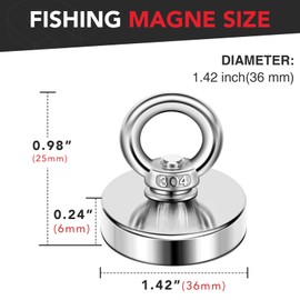 DIYMAG Strong Neodymium Fishing Magnets, 150 lbs(68 KG) Pulling Force Rare Earth Magnet with Countersunk Hole Eyebolt Diameter 1.41 inch(36 mm) for Retrieving in River and Magnetic Fishing…