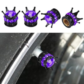 4PCS Crown Tire Valve Stem Caps, Bling Handmade Crystal Rhinestone Car Wheel Tire Valve Caps Covers Chrome, Attractive Dustproof Bling Car Accessories, Universal for Car SUV Truck (Purple Black)