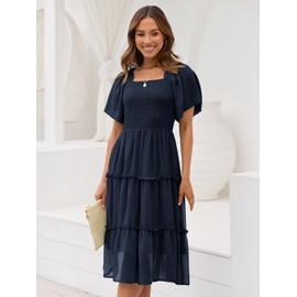 LILLUSORY Spring Midi Graduation Bridal Baby Shower Dresses Women 2024 Summer Casual Flowy Bridal Sun Sundress Trendy Brunch Cute Ladies Vacation Smocked Teacher Clothes Outfits Navy Blue