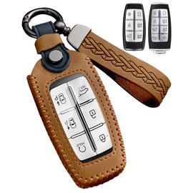 YINEOR for Genesis Key Fob Cover Leather Car Key Case Protector keychain Smart Key Fob Holder Compatible for G70 G80 G90 GV70 GV80 GV90 (Brown)