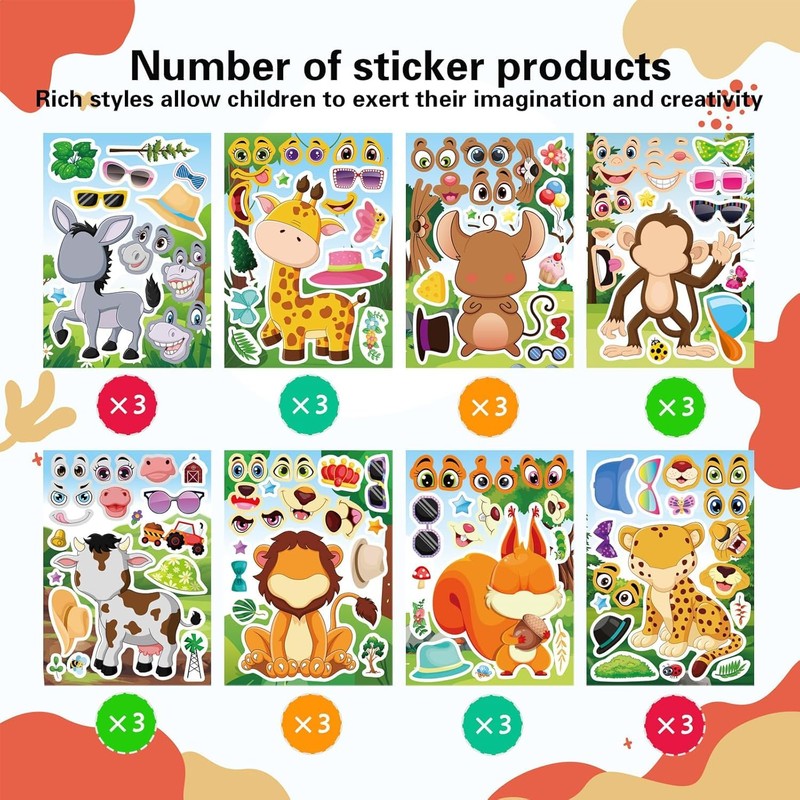 24pcs 9”x6 Make-a-face sprunki Sticker for Kids, Make Your Own