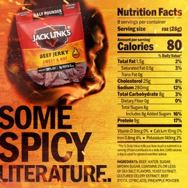 Jack Link's Beef Jerky, Sweet & Hot, Half Pounder Large Jerky Bag - Flavorful Meat Snack, Ready to Eat Protein Snacks with 9g of Protein per Serving, Made with 100% Beef