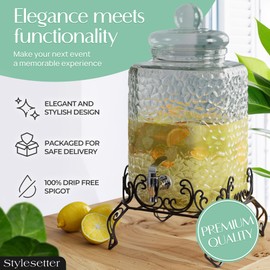 Style Setter Homestead Beverage Dispenser Cold Drink Dispenser w/ 2.5-Gallon Capacity Glass Jug, Metal Rack & Leak Proof Acrylic Spigot Great for Parties, Weddings & More