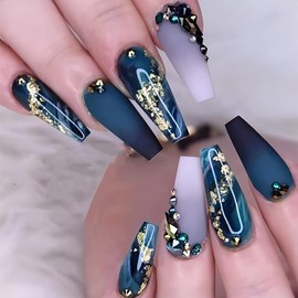 24Pcs Blue Press on Nails Long, Coffin Fake Nails French Marble False Nails with Rhinestones Designs Matte Artificial Nails Full Cover Stick on Nails Glitter Acrylic Nails for Women Girls