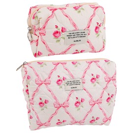 Framendino, 2 Pack Bow Flower Travel Makeup Toiletry Bag Set for Women Cotton Pink, Pink, 2 Pack