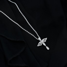 Rosec Jewels Certified Moissanite Designer Cross Necklace, D-Vs1 Quality, Angel Wings Cross Pendant With Silver Chain - Ready To Gift, 925 Sterling Silver, With Chain