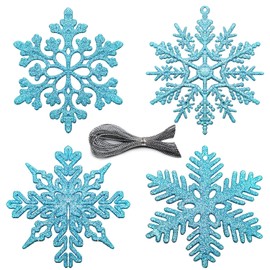 JANMIN 48pcs Christmas Glitter Snowflakes, Plastic Snowflake Ornaments Glitter Snowflakes Hanging Crafts for Xmas Tree Decorations, Blue
