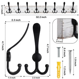 Kuhome 32.2'' Large Coat Rack Wall Mount Coat Hooks Coat Hanger with 8 Metal Black Triple- Hooks Old White Pine Real Wood Plank Hat Rack for Wall Hooks for Hanging Coat Hat Jacket