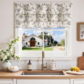 JINCHAN Ruffled Valance Curtain Linen Floral Kitchen Valance for Window 18 Inch Shabby Chic Small Window Treatment for Living Room Farmhouse Vintage Chic Style Light Filtering Rod Pocket 1 Panel Black