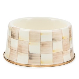 MACKENZIE-CHILDS Enamel Pet Bowl, Cute Cat and Dog Bowl for Food and Water, Medium, Brown-and-White Mocha Check