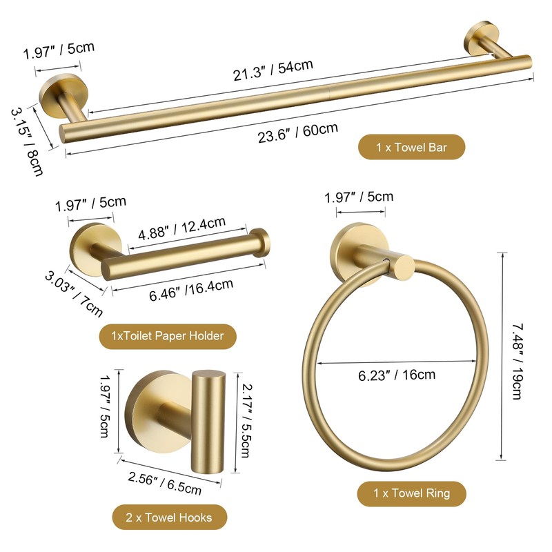 TURS Brushed Gold 5 Piece Bathroom Hardware Set, SUS304 Stainless