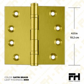 Finsbury Hardware Heavy Duty Door Hinge Matte Brass Ball Bearing 4x4 Inch Heavy Duty with Decorative Screw-on Tips Included - Set of 3 Solid Brass Hinges (Satin Brass)