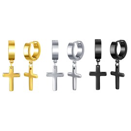 Feilok 2/3 Pairs of Hoop Earrings for Men Women Stainless Steel Stud Earrings Huggie Earrings Set Cross Hinged Cross Earrings Dangle Folding Earrings, Stainless Steel