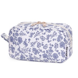 Small Makeup Bag for Purse Travel Makeup Pouch Mini Cosmetic Bag Zipper Pouch for Women(Little Grayish Blue Flower, Small)