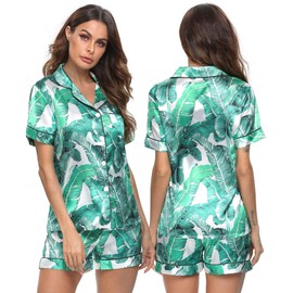 SWOMOG Womens Silk Satin Pajamas Set Two-Piece Pj Sets Sleepwear Loungewear Button-Down Pj Sets